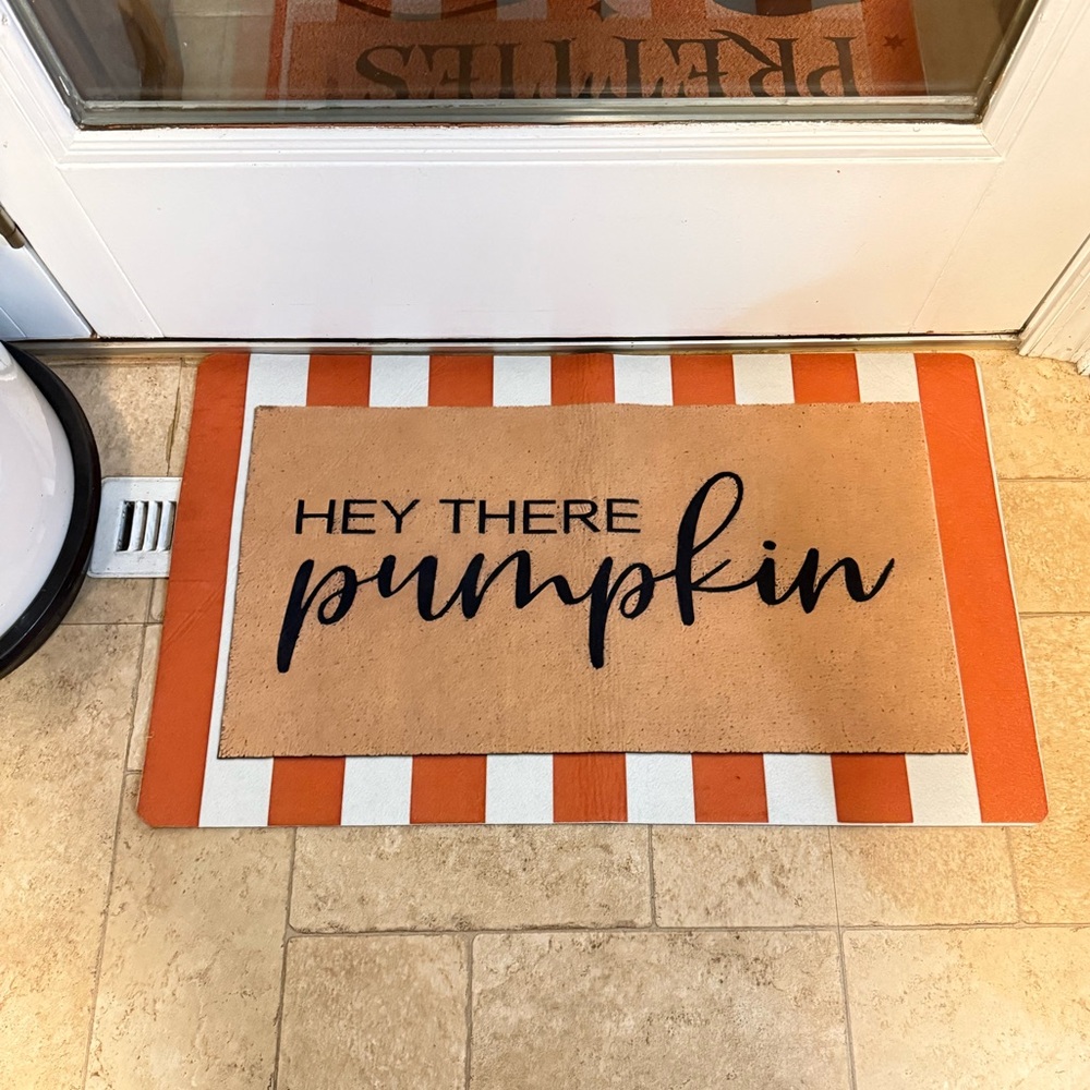 Anti Slip Striped Orange and White 'Hey There Pumpkin' Doormat